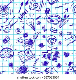 seamless pattern with  funny business doodles, hearts, spots and blots on checkered vector background