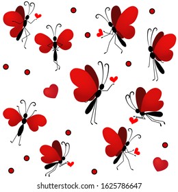 Seamless pattern with funny butterflies with wings in the shape of a heart. Butterflies play with hearts.