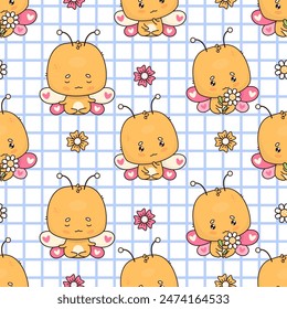 Seamless pattern with funny butterfly on checkered white background with flowers. Vector illustration. Cartoon insect kawaii character meditating in asana, cute with chamomile. Kids collection