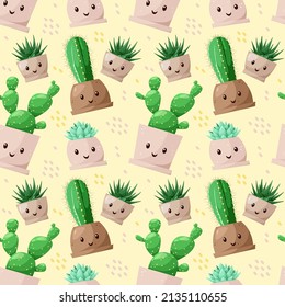 Seamless pattern with funny cacti. Cartoon design.
