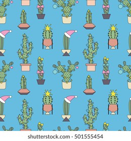 Seamless pattern with funny cacti with christmas decoration. Retro 80s and 90s style vector art. Bright vintage background. Abstract design in Memphis style.
