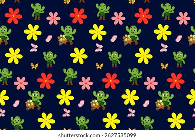 Seamless pattern with funny cactus character dressed as a gardener, surrounded by colorful flowers and butterflies on dark background. Flat cartoon style, bright colors, children theme