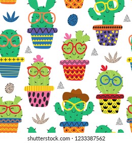 seamless pattern with funny cactus in glasses - vector illustration, eps