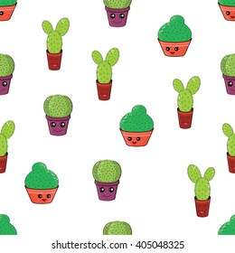 Seamless pattern with funny cactus.Hilarious family of cacti on a white background.Cute kawaii smiling cactuses.Baby and kids style abstract background.