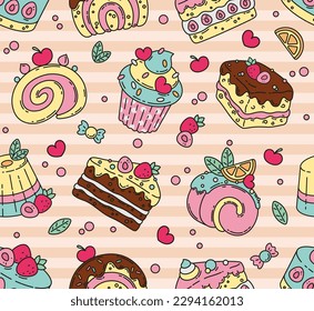 Seamless pattern with the funny cakes and pastries. Cake, muffin, cupcake, panna cotta, cookies, dessert, cream, chocolate, sweet, yummy, food, bakery, pastry. Vector illustration