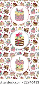 Seamless pattern with the funny cakes and pastries. Cake, muffin, cupcake, panna cotta, cookies, dessert, cream, chocolate, sweet, yummy, food, bakery, pastry. Vector illustration