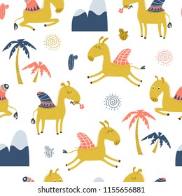 Seamless pattern with funny camels, mountains and palm trees on a white background. Vector illustration for children.