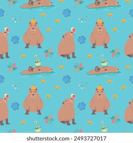 Patrón sin fisuras con capibara divertido, pájaro y flora. Fondo azul. Perfecto para la ropa de los niños, diseño de la tarjeta de felicitación, impresión de la tela, ducha del bebé, diseño del papel de envoltura, estampados del bebé y textiles caseros.