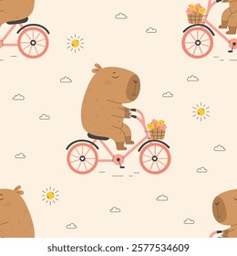 Seamless pattern with funny capybara on bicycle