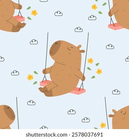 Seamless pattern with funny capybara on swing