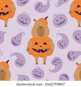 Seamless pattern with funny capybara in pumpkin