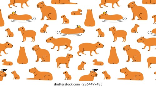 Seamless pattern of funny capybaras. Capybara figures with oranges and the bird. Cute capybaras walk and relax. South American animals wallpaper. Vector flat illustration on white background.