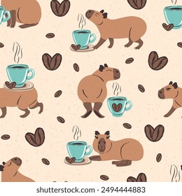 Seamless pattern with funny capybaras and coffee cups. Cute animals with coffee beans repeat design. Cartoon jungle animals background.