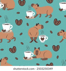 Seamless pattern with funny capybaras and coffee cups. Cute animals with coffee beans repeat design. Cartoon jungle animals background.