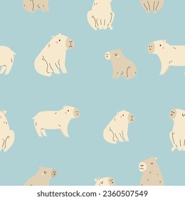 Seamless pattern with funny capybaras in different poses on blue background. Colorful design for clothins, gift boxes, wrapping paper, wallpaper