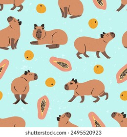 Patrón sin fisuras con divertidos capibaras y frutas. Lindo fondo de repetición de animales sudamericanos. Estampado de roedor de la selva de dibujos animados.