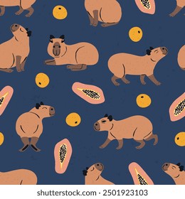 Seamless pattern with funny capybaras and fruits. Cute South American animal repeat background. Cartoon jungle rodent print.