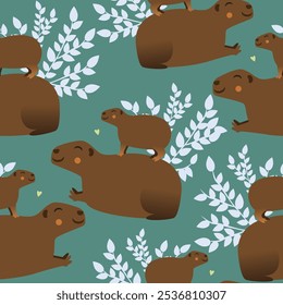 Padrão contínuo com capibaras engraçadas e folhas, ilustração de stock de vetor plano com capibaras como um animal Pattern Requests, sstkBackgrounds