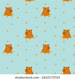 Seamless pattern with funny capybaras with sea anf slice oranges 