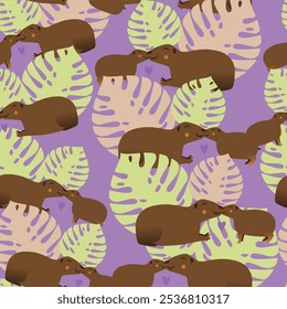 Patrón sin fisuras con divertidos capibaras y hojas tropicales, ilustración de stock de Vector plano con capibaras como un animal Patrón Solicitudes, sstkFondos