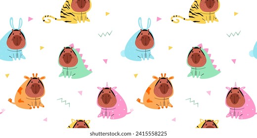 Seamless pattern: funny capybaras in unicorn, giraffe, tiger, rabbit, dragon costumes. Vector illustration.