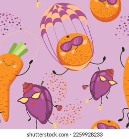 Seamless pattern with funny carrot, orange and plum. Carrot jumping rope. Orange jumps with a parachute. Plum beauty goes shopping