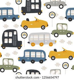 Seamless pattern with funny cars. Fashion kids print. Vector hand drawn illustration.