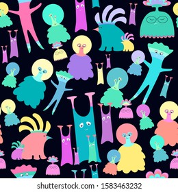 Seamless pattern with funny cartoon aliens