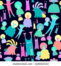 Seamless pattern with funny cartoon aliens