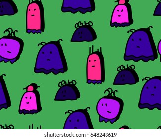 Seamless pattern with funny cartoon aliens on space background, vector texture