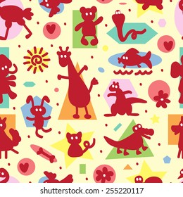 Seamless pattern with funny cartoon animal silhouettes and geometric shapes. Kids wallpaper. Colorful background for kids