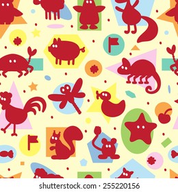 Seamless pattern with funny cartoon animal silhouettes and geometric shapes. Kids wallpaper. Colorful background for kids