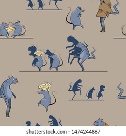 Seamless pattern with funny cartoon animals in vector. Vintage style. Mice steal cheese, and the cat watches them. Mice love cheese. Cat in slippers.