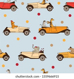 Seamless pattern with funny cartoon animals in vector. Vintage style. Animals on vintage cars. Elephant, Giraffe, Bear, Tiger, Zebra.