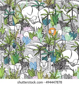 Seamless pattern funny cartoon animals of Africa. Wild animals in the jungle thickets. Children's wallpaper, coloring, background for your blog, textile.