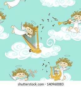 Seamless pattern of funny cartoon band of angels