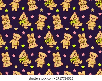 Seamless pattern with funny cartoon bears.   Vector illustration.