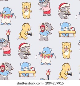 Seamless pattern with funny cartoon bears.  Vector illustration.