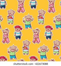 Seamless pattern with funny cartoon bears.  Vector illustration.