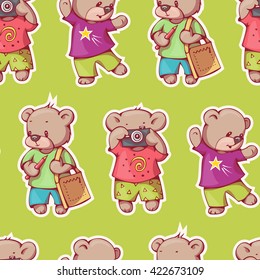Seamless pattern with funny cartoon bears.  Vector illustration.
