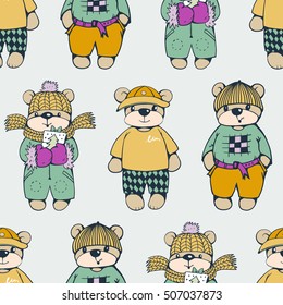 Seamless pattern with funny cartoon bears.  Vector illustration.
