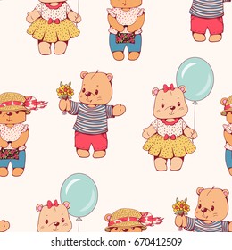 Seamless pattern with funny cartoon bears.  Vector illustration.
