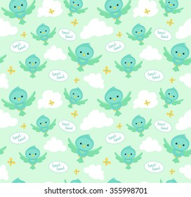 Seamless pattern with funny cartoon birds. Endless background.