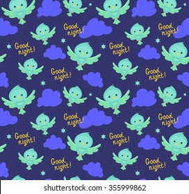 Seamless pattern with funny cartoon birds. Endless background.
