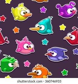 Seamless pattern with funny cartoon birds stickers on dark background