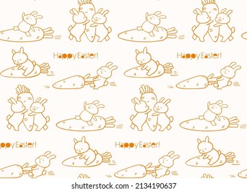Seamless pattern with funny cartoon Bunnies. Monochrome  hand-drawn illustration. Vector.
