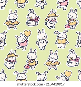 Seamless pattern with funny cartoon Bunnies. Hand-drawn illustration. Vector.