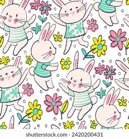 Seamless pattern with funny cartoon Bunnies. Hand-drawn illustration. Vector.