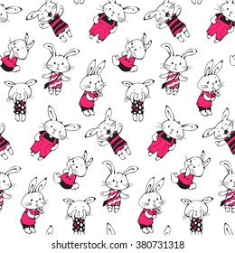 Seamless pattern with funny cartoon Bunnies. Hand-drawn illustration. Vector.