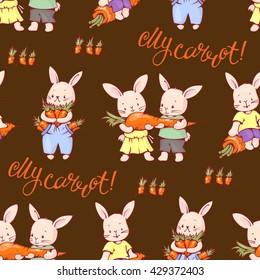 Seamless pattern.  Funny cartoon Bunnies with carrots. Hand-drawn illustration. Vector.
